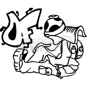 Black and white clipart image featuring a stylized character with a backpack and oversized shoes, sitting down, with graffiti style text or symbols above them.