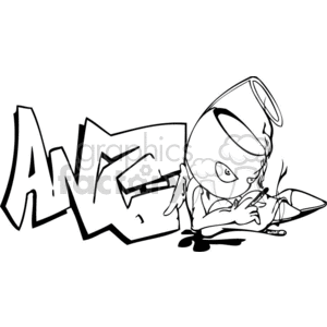 Black and white clipart image of a graffiti-style drawing with the word 'Angel' and a small angel character holding a spray paint can and sitting beside the graffiti text.