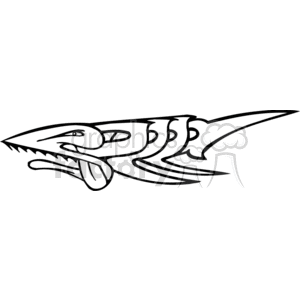 A black and white clipart image of an abstract shark with exaggerated features, including sharp teeth, multiple fins, and a large head.
