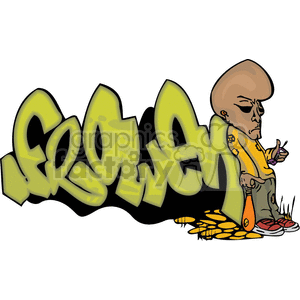 A graffiti-themed clipart image featuring the word 'Growen' in stylized green letters. Next to the graffiti, there is a character with a large head, wearing a yellow shirt and holding a smartphone in one hand and a bat in the other, standing on a pile of gold coins.