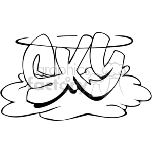 Black and white clipart image of the word 'SKY' in a graffiti style, sitting on top of a cloud