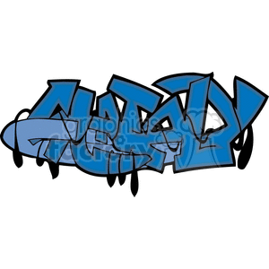 A piece of abstract graffiti street art with bold, blue letters and black outlines, featuring a dripping effect.