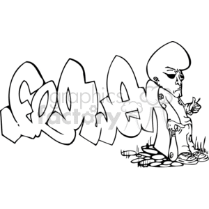 This is a black and white clipart image featuring graffiti-style lettering that spells out 'Growen,' alongside an illustrated character with a large head and exaggerated facial features. The character is holding a baseball bat and making a thumbs-up gesture.