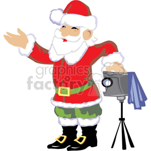 Clipart image of Santa Claus with a vintage camera on a tripod, expressing a welcoming gesture.