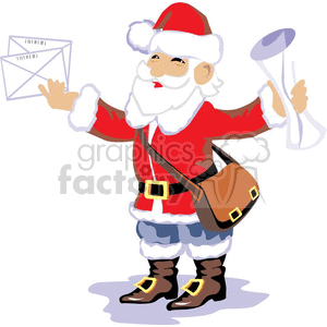 Clipart image of Santa Claus holding envelopes and a list, symbolizing holiday mail delivery.