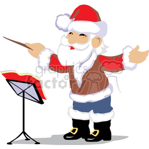 Cartoon image of Santa Claus dressed as an orchestra conductor, holding a baton, standing in front of a music stand.