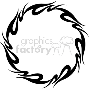 A clipart image depicting a circular tribal flame tattoo design in black.