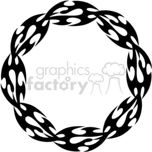 Black and white circular tribal tattoo design with symmetrical, flame-like patterns.