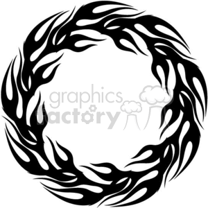 A circular tribal flame tattoo design in black and white.