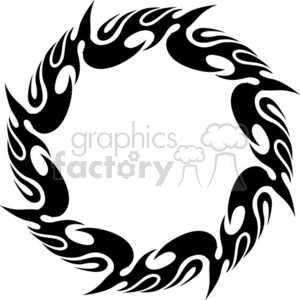 A circular tribal flame tattoo design in black.