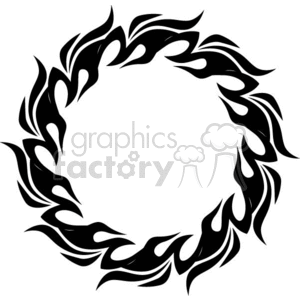 A circular tribal flame tattoo design in black.