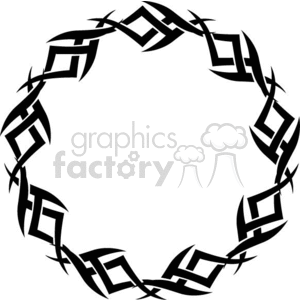 A circular tribal tattoo design in black, featuring intricate geometric patterns forming a continuous loop.