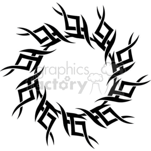 A circular tribal tattoo design with intricate black geometric and angular shapes forming a complete ring.