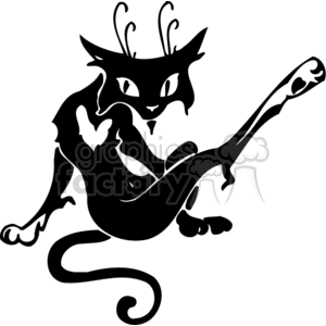 This clipart image features a stylized black cat with distinctive markings, such as heart-shaped patterns and whimsical curlicues emanating from its head like antennae. It appears in a playful pose, with a long, curving tail and a mischievous expression on its face.
