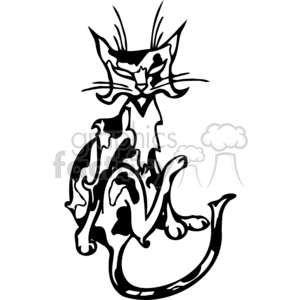 The clipart image shows a stylized representation of a cat. The design is black and white, with bold lines and a simplified form optimized for vinyl cutting or signage purposes. The cat appears to be sitting and has a detailed face with prominent whiskers and ears, and a body with flowing, curvy lines that suggest its shape and posture.