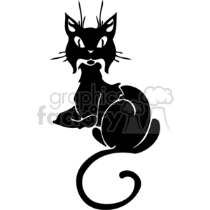 This clipart image depicts a stylized black cat with prominent features such as pointed ears, whiskers, and a curled tail. The cat appears to have an exaggerated, somewhat mischievous expression, which could make it suitable for Halloween-themed designs. The image is in a solid black silhouette, making it ideal for vinyl-ready signage or graphics.