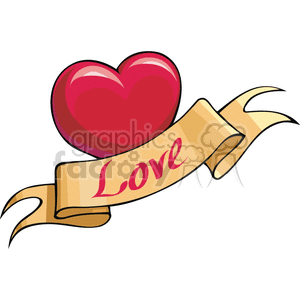   The clipart image shows a banner with the word "Love" written on it. The banner is decorated with hearts and a red ribbon. The image is likely intended for use in Valentine