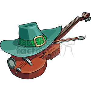 A festive illustration depicting a green St. Patrick's Day hat with a buckle placed on a violin with a bow.