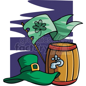 A festive St. Patrick's Day clipart image featuring a green leprechaun hat, a wooden beer keg, and a flag with a shamrock.