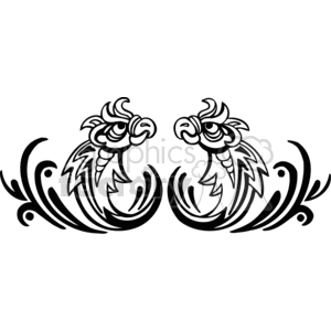 A black and white clipart image depicting two symmetrical, stylized parrot heads facing each other, with curved, decorative lines surrounding them, giving the appearance of waves or flames.