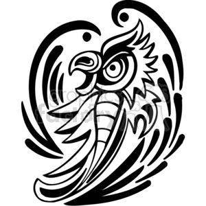 Stylized black and white tribal illustration of a bird with spread wings and sharp features.