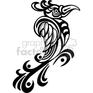 A tribal-style black and white illustration of a bird with intricate patterns and flowing lines.