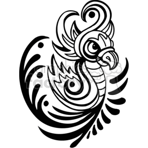 A stylized black and white clipart image of a bird with intricate, swirling patterns.