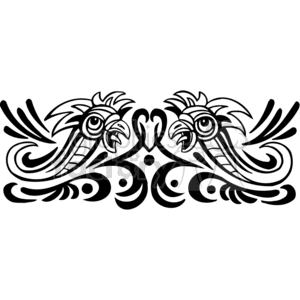 A symmetrical tribal tattoo design featuring two stylized birds facing each other with intricate patterns and flowing lines.