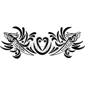 An artistic black and white clipart image featuring two stylized birds facing each other with intricate patterns and heart-shaped elements in the center.