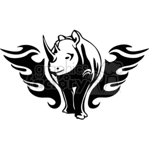 A stylized black and white clipart image of a rhinoceros with wings.