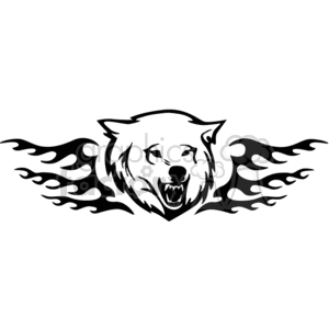 A black and white clipart image of an aggressive bear's head with stylized flame designs extending from both sides.