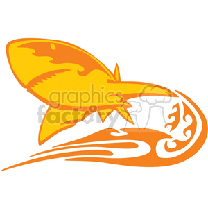 A vibrant yellow and orange stylized illustration of a flying fish leaping out of the water, with dynamic waves and patterns beneath it.