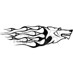 A stylized tribal tattoo design of a wolf with flame motifs extending from its head towards the side.