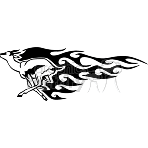 A black and white clipart image of a running deer with flames trailing behind it.