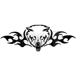 A black and white clipart image of a wolf's head with flame-like tribal designs extending from the sides.