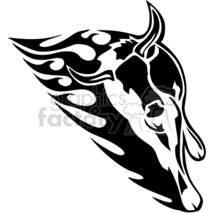 Vector clipart image of a bull's head with flames, depicted in black and white tribal style.