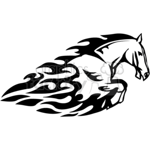 Black and white clipart of a galloping horse with flames trailing behind it, symbolizing speed and power.