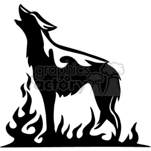 A black and white clipart image of a howling wolf standing over flames.