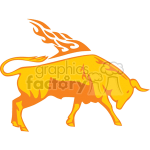 A vibrant clipart image of an orange bull in a dynamic, aggressive stance with flames coming out of its back.