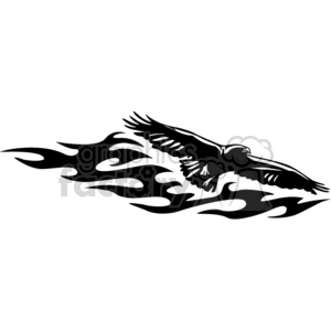 A black and white clipart image of a soaring eagle with stylized, flame-like trails.