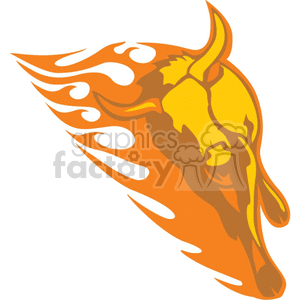 Illustration of a bull's head with horns, depicted in a fiery orange and yellow flame design.