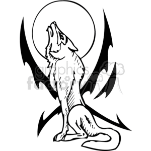 The image is a black and white clipart of a wolf in a howling position with stylized tribal-like wings extending from its sides. The wolf is depicted with its head tilted upwards as if howling to the moon, which is represented as a large circle in the background. The design is bold and simplified, likely intended for use in vinyl cutting, tattoos, or as a graphic element for various design purposes.