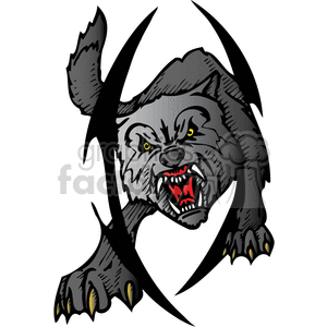 The clipart image depicts a snarling wolf with a fierce expression, shown within a circular frame made of what appears to be sharp, thorn-like shapes. The wolf has prominent fangs, intense eyes, and its claws are on display, indicating a sense of aggression or threat.