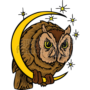 This clipart image features an owl perched on a crescent moon surrounded by stars. The owl has a detailed and textured appearance with prominent eyes and feathers. The illustration is set against a white background.