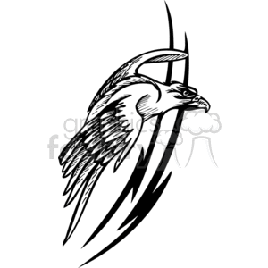 Black and white clipart illustration of a stylized bird in flight with bold, angular lines.