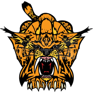 This image features a stylized illustration of a tiger's face showing a fierce expression with its mouth open, revealing sharp teeth and a large tongue. The design uses bold black outlines and orange-yellow coloring with black stripes and spots, highlighting the distinctive markings of a tiger. The artwork is graphic and could be used for a variety of purposes, including vinyl cutting, t-shirt printing, or as a tattoo design. The tiger has its ears drawn back, and its claws are visible in an aggressive stance.