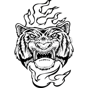 This clipart image features a stylized depiction of an aggressive tiger's face with flames surrounding it. The tiger appears to be growling or roaring, displaying its sharp teeth. The design is in black and white, making it suitable for vinyl cutting or use as a tattoo template. It showcases the predatory nature of the animal with an addition of artistic flame elements to emphasize a fierce or fiery theme.