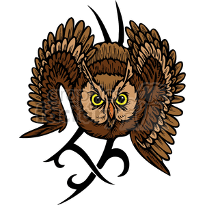 Clipart image featuring a detailed, stylized owl with spread wings in flight, rendered in brown and black tones. The owl has a fierce expression with vivid yellow eyes and is designed over a tribal pattern.