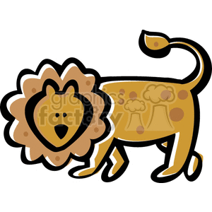   The image is a cartoon of a lion with a golden-brown fur and a black mane. The lion has a large, round face with a black nose, two small black eyes, and a closed mouth. Its ears are pointed, and its tail is long and bushy. The lion is standing on four feet with its 2 legs slightly raised as if it