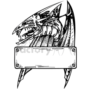 The image is a black and white clipart featuring a stylized dragon with a menacing, detailed appearance. The dragon is positioned behind a horizontal banner or scroll that provides a blank space, likely intended for adding custom text. The style of the dragon lends itself to being vinyl-ready, suggesting that the design is suitable for use with a vinyl cutter for creating decals, stickers, t-shirts, or other items where such art might be applied.